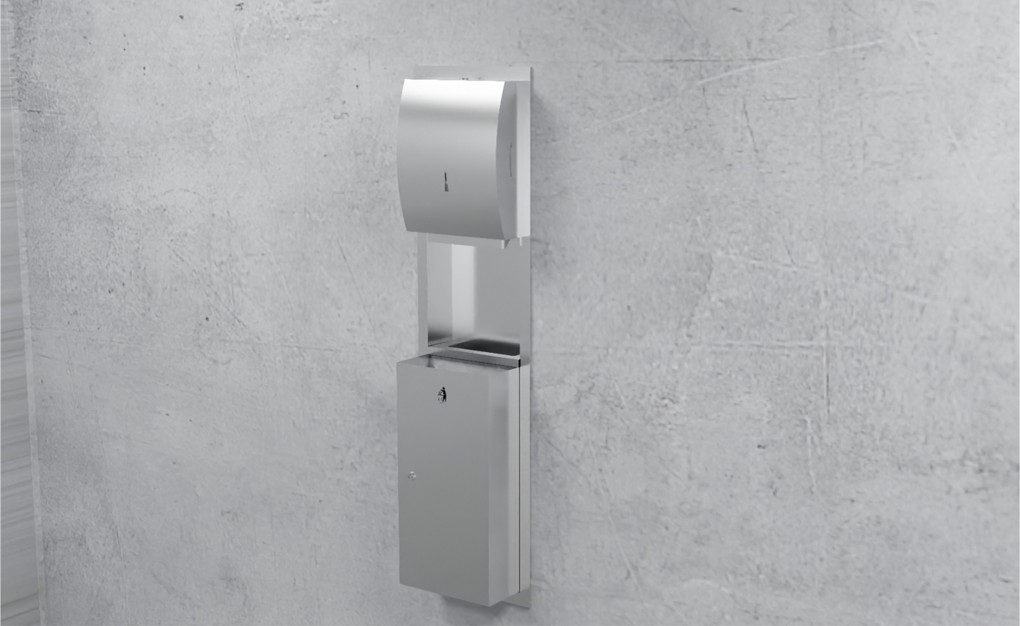 Stainless steel 3-in-1 panel with hand dryer, tissue dispenser, and bin by Askon